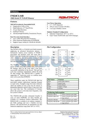 FM24CL16B-DG datasheet - 16Kb Serial 3V F-RAM Memory