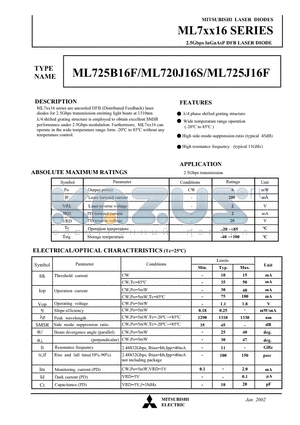 ML725J16F datasheet - MITSUBISHI LASER DIODES 2.5Gbps InGaAsP DFB LASER DIODE