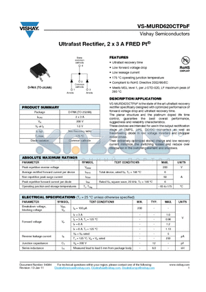 MURD620CTTRLPBF datasheet - Ultrafast Rectifier, 2 x 3 A FRED Pt