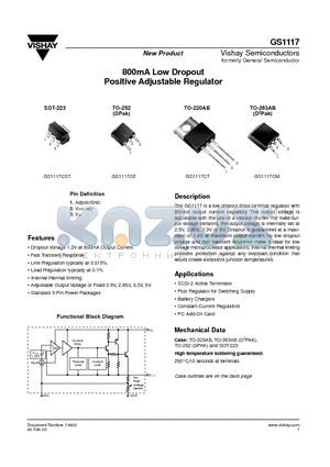 GS1117CST datasheet - 800mA Low Dropout Positive Adjustable Regulator