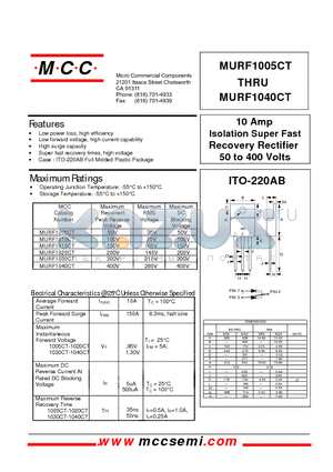 MURF1030CT datasheet - 10 Amp Isolation Super Fast Recovery Rectifier 50 to 400 Volts