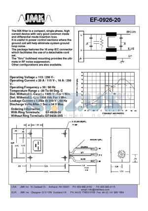 EF-0926-20 datasheet - The 926 filter is a compact, single phase, high current device with very good common mode and differential mode insertion loss.