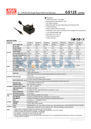 GS12E05 datasheet - 10 ~ 12WAC-DC Single Output Wall-mounted type