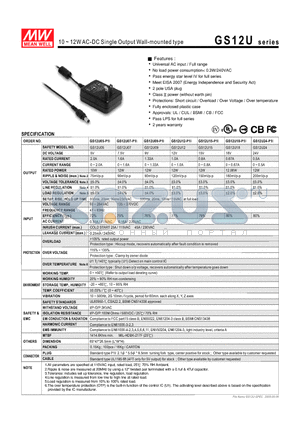 GS12U datasheet - 10 ~ 12WAC-DC Single Output Wall-mounted type