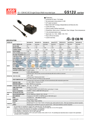 GS12U05-P1I datasheet - 10 ~ 12WAC-DC Single Output Wall-mounted type