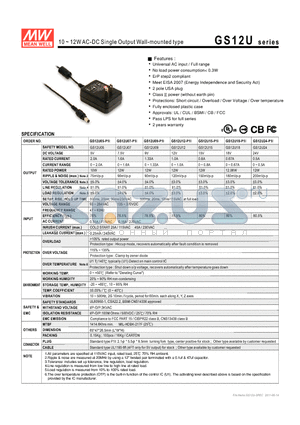 GS12U07 datasheet - 10 ~ 12WAC-DC Single Output Wall-mounted type