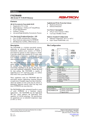 FM25040B-G datasheet - 4Kb Serial 5V F-RAM Memory