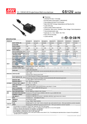 GS12U09 datasheet - 10 ~ 12WAC-DC Single Output Wall-mounted type