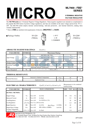 ML7908FA datasheet - 3-TERMINAL NEGATIVE VOLTAGE REGULATOR
