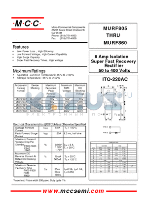 MURF820 datasheet - 8 Amp Isolation Super Fast Recovery Rectifier 50 to 400 Volts