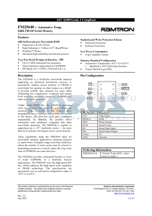 FM25640 datasheet - 64Kb FRAM Serial Memory