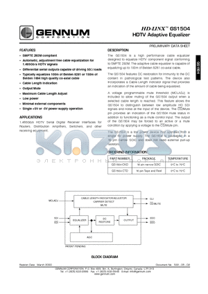 GS1504-CTD datasheet - HDTV Adaptive Equalizer