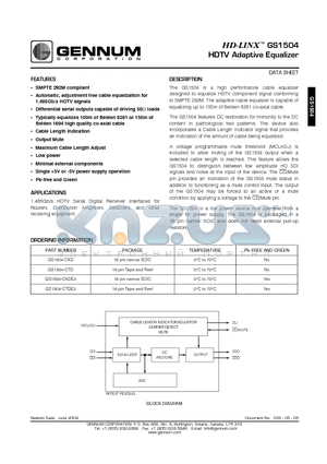 GS1504-CKDE3 datasheet - HDTV Adaptive Equalizer