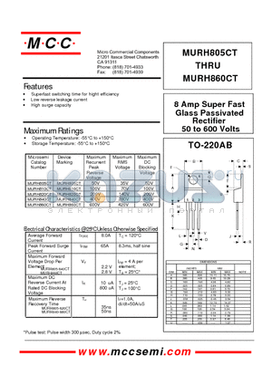 MURH840CT datasheet - 8 Amp Super Fast Glass Passivated Rectifier 50 to 600 Volts