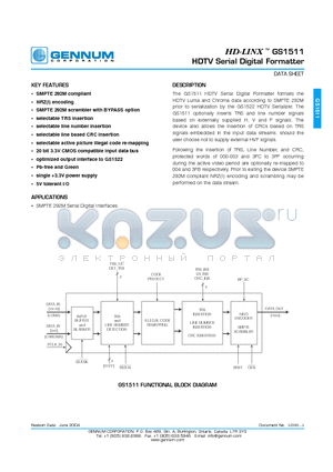 GS1511-CQRE3 datasheet - HD-LINX -TM  GS1511 HDTV Serial Digital Formatter