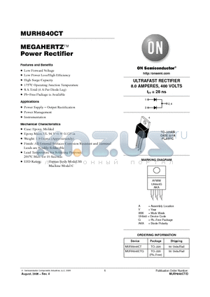 MURH840CTG datasheet - ULTRAFAST RECTIFIER 8.0 AMPERES, 400 VOLTS