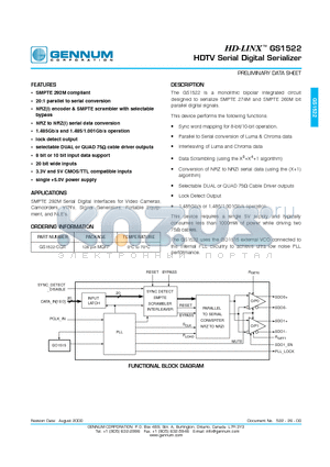 GS1522 datasheet - HDTV Serial Digital Serializer