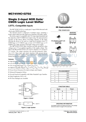 MC74VHC1GT02_07 datasheet - Single 2−Input NOR Gate/CMOS Logic Level Shifter LSTTL−Compatible Inputs