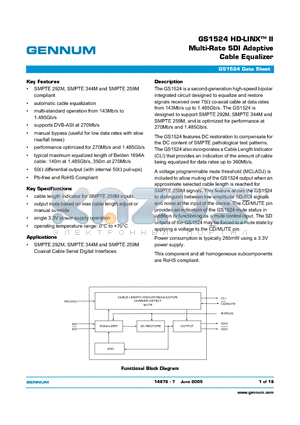 GS1524-CKDE3 datasheet - GS1524 HD-LINX-TM II Multi-Rate SDI Adaptive Cable Equalizer