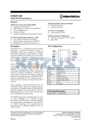 FM25C160-S datasheet - 16Kb FRAM Serial Memory