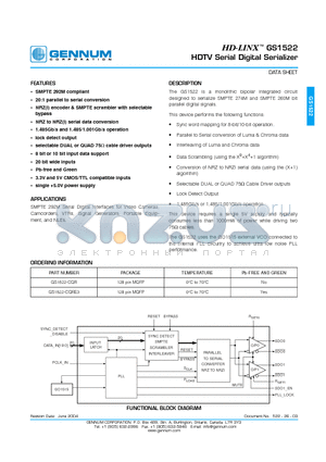 GS1522-CQRE3 datasheet - HDTV Serial Digital Serializer