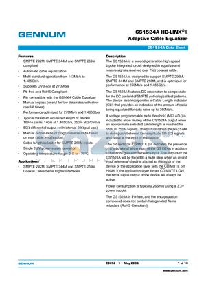 GS1524A datasheet - GS1524A HD-LINX-RII Adaptive Cable Equalizer