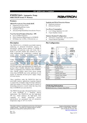 FM25CL64 datasheet - 64Kb FRAM Serial 3V Memory