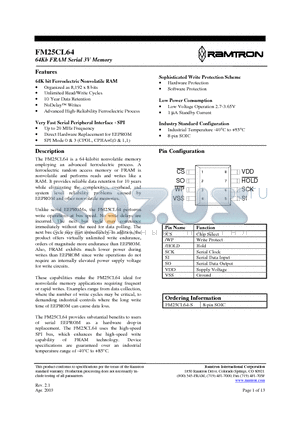 FM25CL64 datasheet - 64Kb FRAM Serial 3V Memory