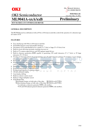 ML9041A-XXBCVWA datasheet - DOT MATRIX LCD CONTROLLER DRIVER