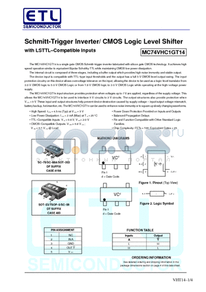 MC74VHC1GT14DFT2 datasheet - Schmitt-Trigger Inverter/ CMOS Logic Level Shifter with LSTTL-Compatible Inputs