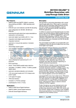 GS1559 datasheet - GS1559 HD-LINX-TM II Multi-Rate Deserializer with Loop-Through Cable Driver