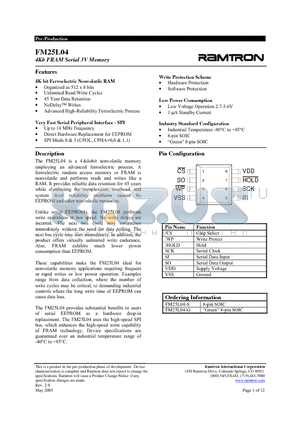 FM25L04 datasheet - 4Kb FRAM Serial 3V Memory