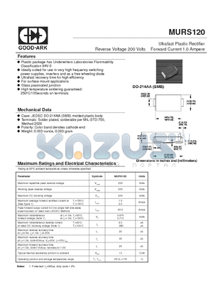 MURS120 datasheet - Ultrafast Plastic Rectifier Reverse Voltage 200 Volts Forward Current 1.0 Ampere