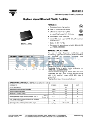 MURS120 datasheet - Surface Mount Ultrafast Plastic Rectifier
