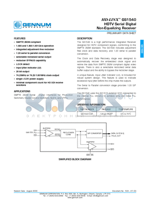 GS1540 datasheet - HDTV Serial Digital Non-Equalizing Receiver