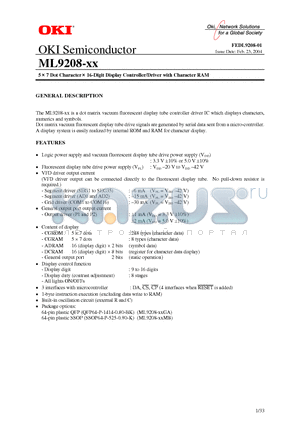 ML9208-XXGA datasheet - 5 X 7 Dot Character X 16-Digit Display Controller/Driver with Character RAM