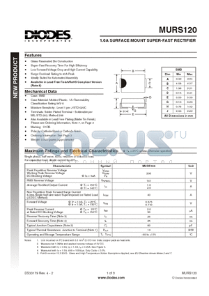 MURS120-13 datasheet - 1.0A SURFACE MOUNT SUPER-FAST RECTIFIER