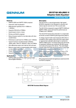 GS1574ACNE3 datasheet - GS1574A HD-LINX-R II Adaptive Cable Equalizer