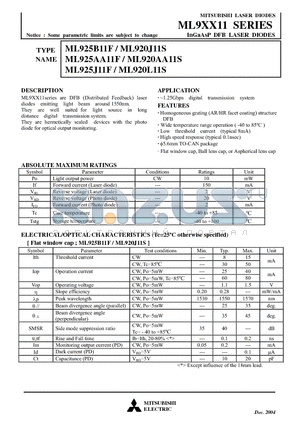 ML920J11S datasheet - Notice : Some parametric limits are subject to change InGaAsP DFB LASER DIODES