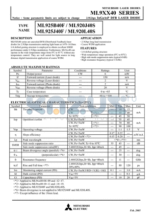 ML920J40S datasheet - 2.5Gbps InGaAsP DFB LASER DIODE