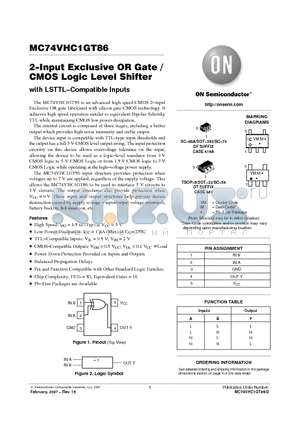 MC74VHC1GT86 datasheet - 2−Input Exclusive OR Gate / CMOS Logic Level Shifter with LSTTL−Compatible Inputs