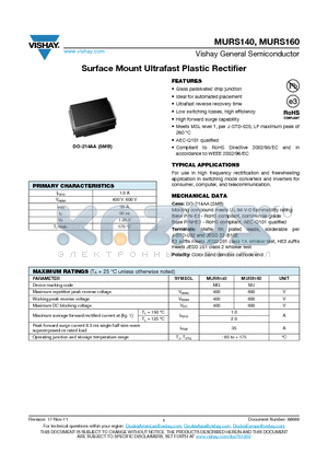 MURS140 datasheet - Surface Mount Ultrafast Plastic Rectifier
