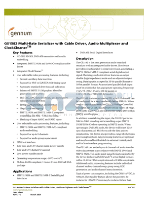 GS1582_09 datasheet - Multi-Rate Serializer with Cable Driver, Audio Multiplexer and ClockCleaner