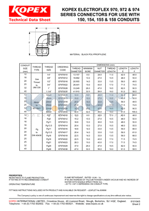 EF974018 datasheet - KOPEX ELECTROFLEX 970, 972 & 974 SERIES CONNECTORS FOR USE WITH 150, 154, 155 & 158 CONDUITS