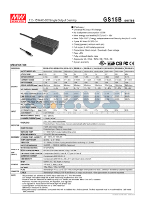 GS15B-4P1J datasheet - 7.2~15WAC-DC Single Output Desktop