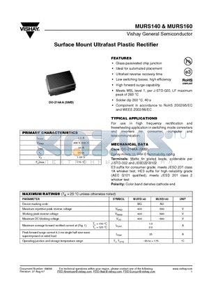 MURS160 datasheet - Surface Mount Ultrafast Plastic Rectifier