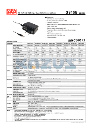 GS15E-1P1J datasheet - 12~15WAC-DC Single Output Wall-mounted type
