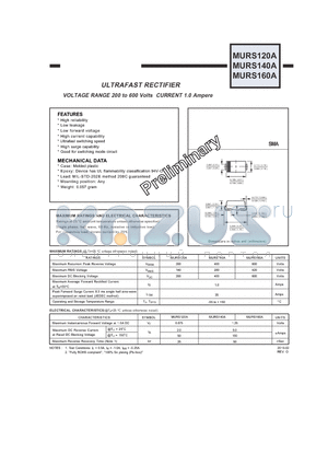 MURS160A datasheet - ULTRAFAST RECTIFIER VOLTAGE RANGE 200 to 600 Volts CURRENT 1.0 Ampere