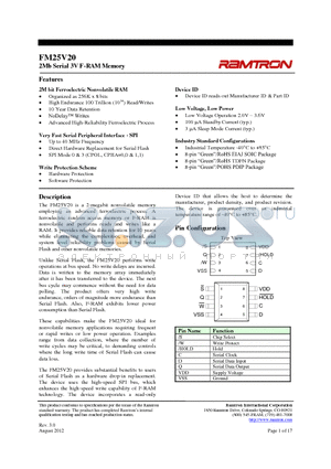 FM25V20-PG datasheet - 2Mb Serial 3V F-RAM Memory