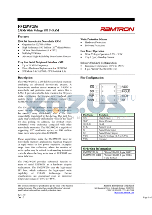 FM25W256-G datasheet - 256Kb Wide Voltage SPI F-RAM